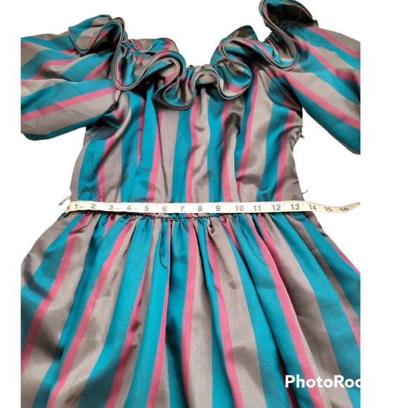 Vintage Lizzy&Johnny By Lucero Striped Ruffled Neck Puff sleeve midi dress Sz 10 - Picture 5 of 9